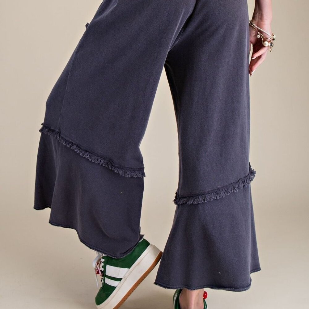 E17 Easel Wide Leg Mineral Washed Black Terry Pants Patch Pockets Frayed Hem - Picture 4 of 6